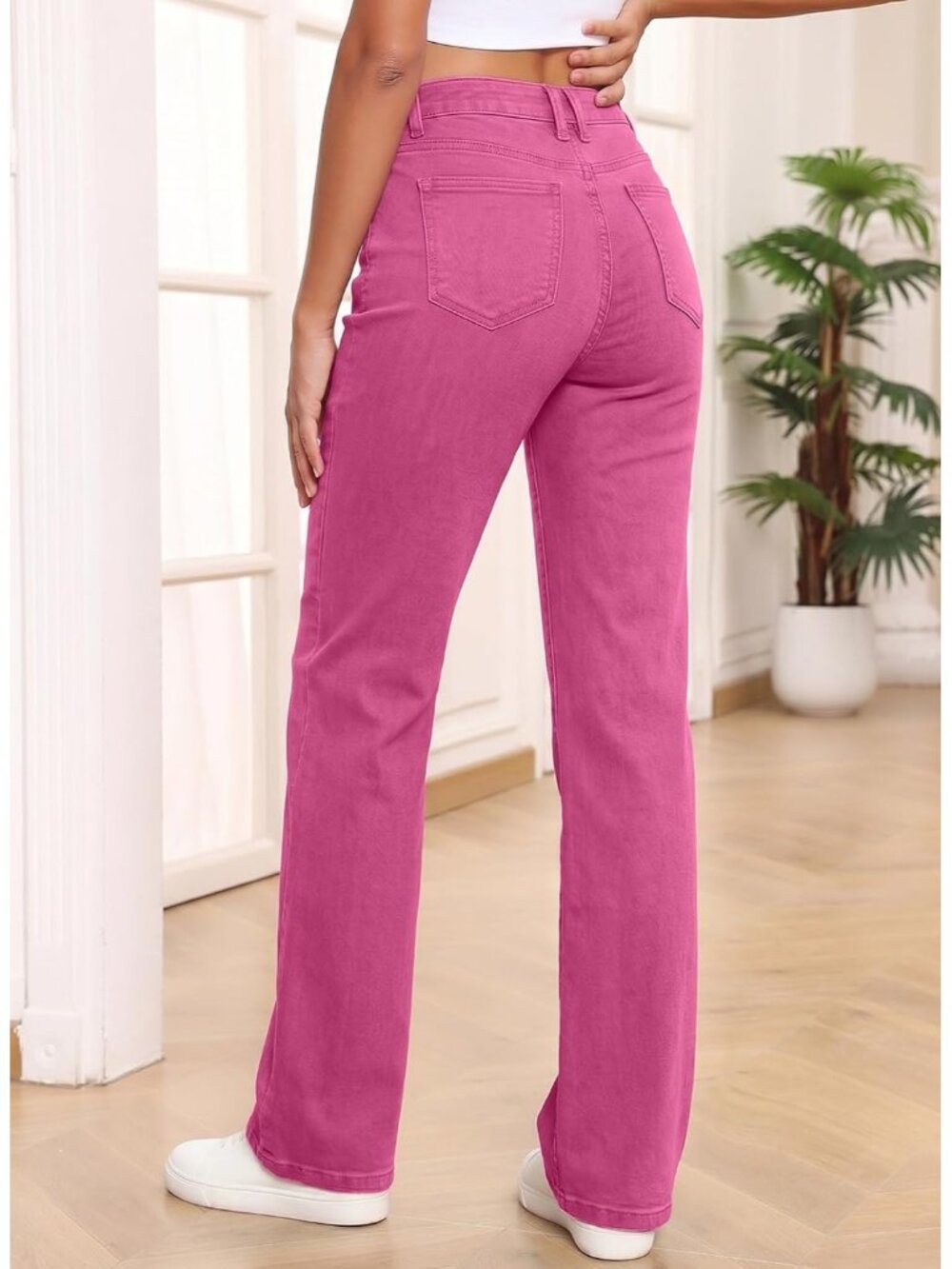 Women's Rose Red High Waisted Wide Tummy Control Elastic waist Straight Leg Jean - Picture 2 of 6